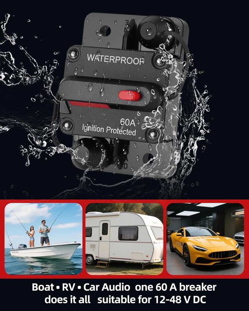 voltrish 60 Amp Marine Circuit Breaker Switch for Trolling Motor Battery Box, Premium 12V - 48V 60A DC Breaker for Boat Motor, RV, Solar Panel & Car Audio, One-Click Reset, No Fuse Needed - Image 5